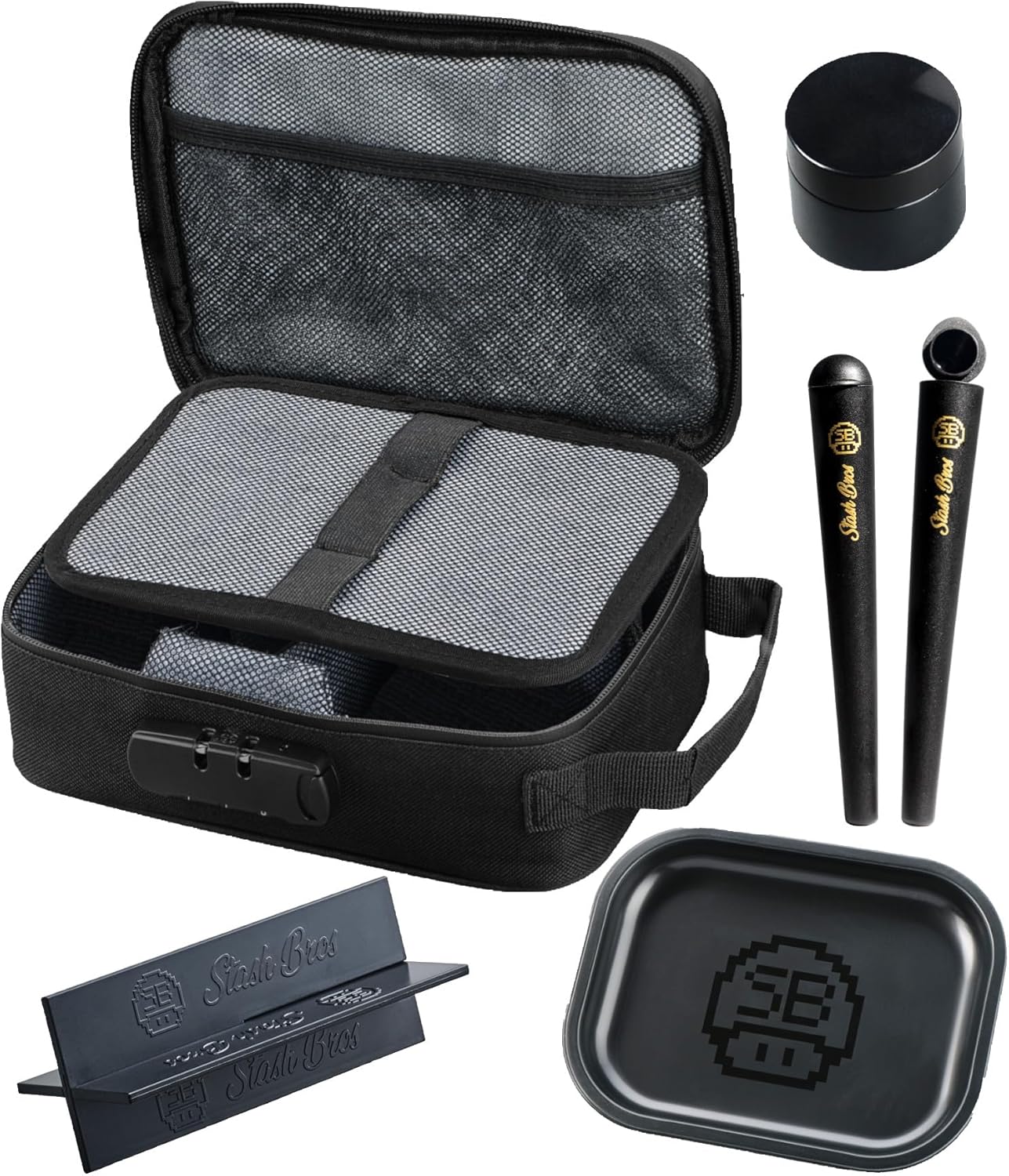 Stash Bros Smell Proof Case with 2 Airtight Tubes, Rolling Tray, V-Card and UV Jar